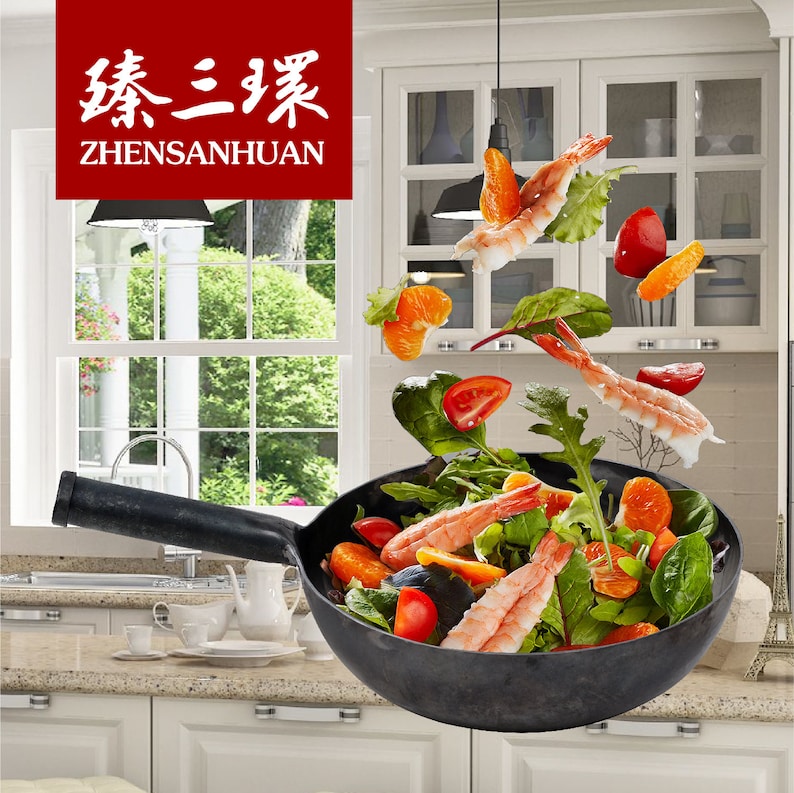 臻三环 ZhenSanHuan Chinese Hand Hammered Iron Woks and Stir Fry Pans, Non-Stick, No Coating, Carbon Steel Pow (36cm, BlueBlack Seasoned with Help