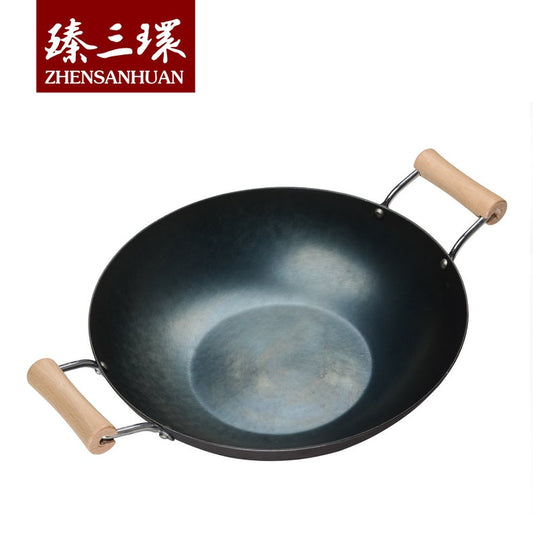 ZhangQiu ZhenSanHuan Chinese Hand Hammered Two Handles Flat Bottom Carbon Steel Wok