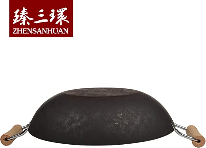 ZhangQiu ZhenSanHuan Chinese Hand Hammered Two Handles Flat Bottom Carbon Steel Wok