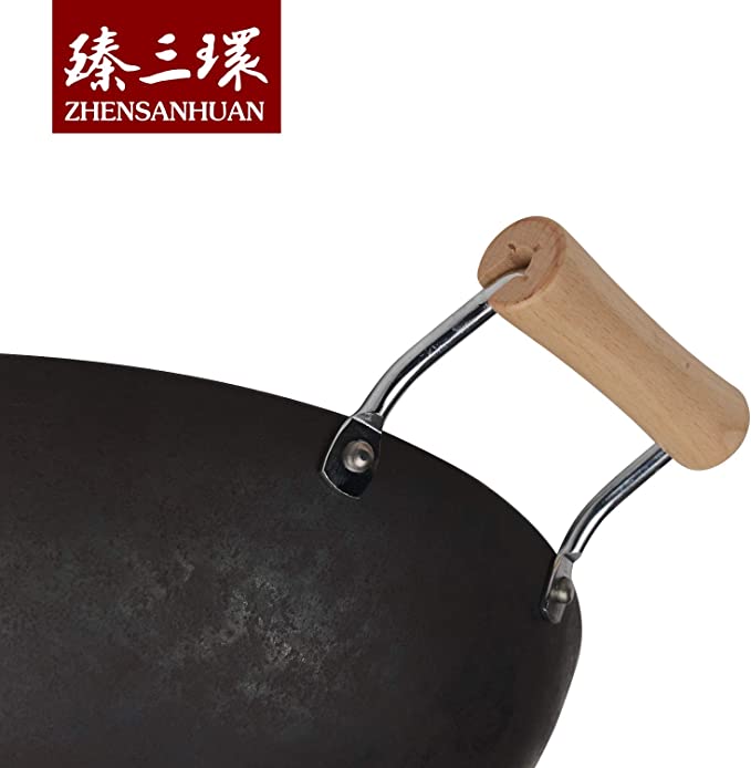 ZhangQiu ZhenSanHuan Chinese Hand Hammered Two Handles Flat Bottom Carbon Steel Wok