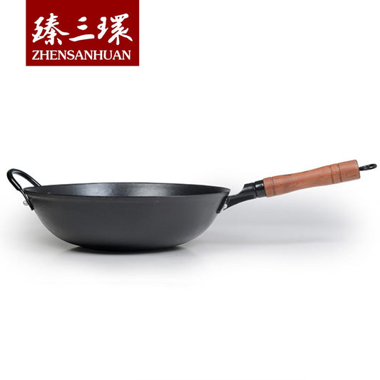 ZhangQiu ZhenSanHuan Chinese Handmade Wook Handle Flat Bottom Cast Iron Wok With Helper