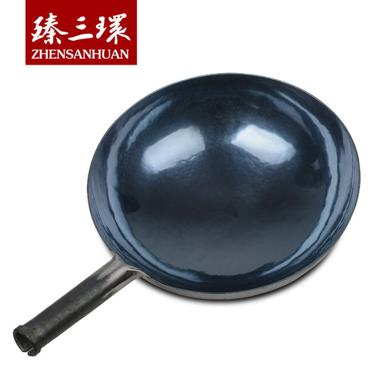ZhangQiu ZhenSanHuan Chinese Hand Hammered Iron Handle Round Bottom Carbon Steel Wok