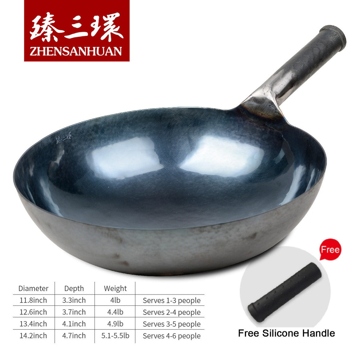 ZhangQiu ZhenSanHuan Chinese Hand Hammered Iron Handle Round Bottom Carbon Steel Wok