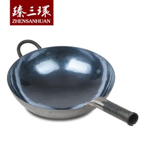 ZhangQiu ZhenSanHuan Chinese Hand Hammered Iron Handle Round Bottom Carbon Steel Wok