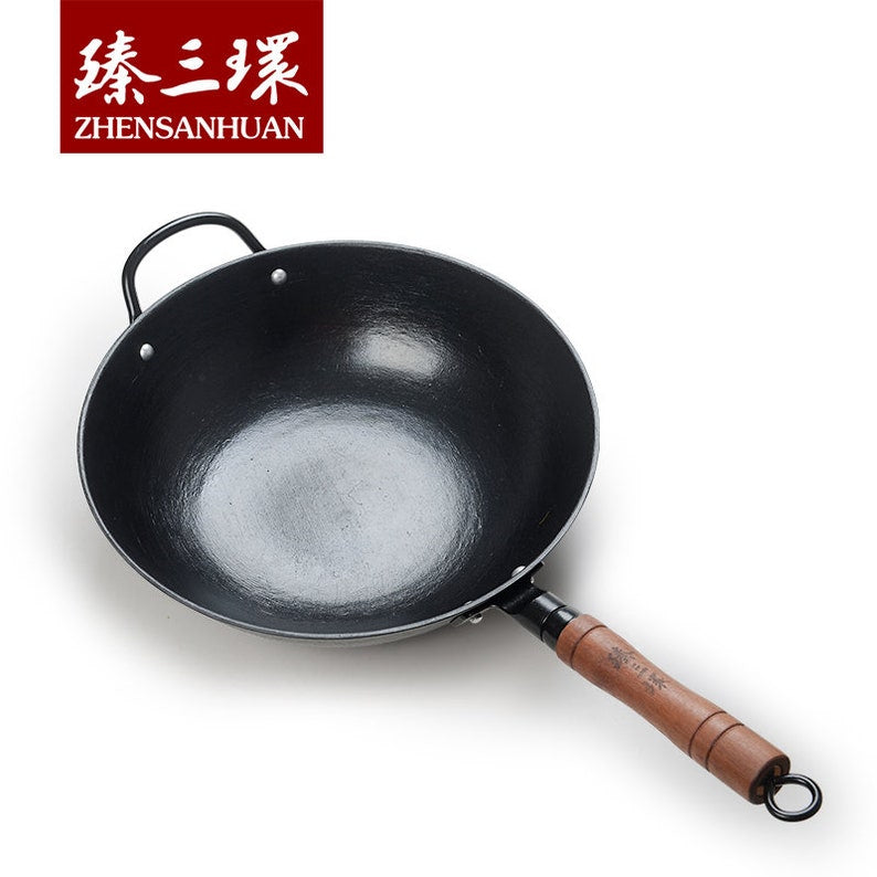 ZhangQiu ZhenSanHuan Chinese Handmade Wook Handle Flat Bottom Cast Iron Wok With Helper