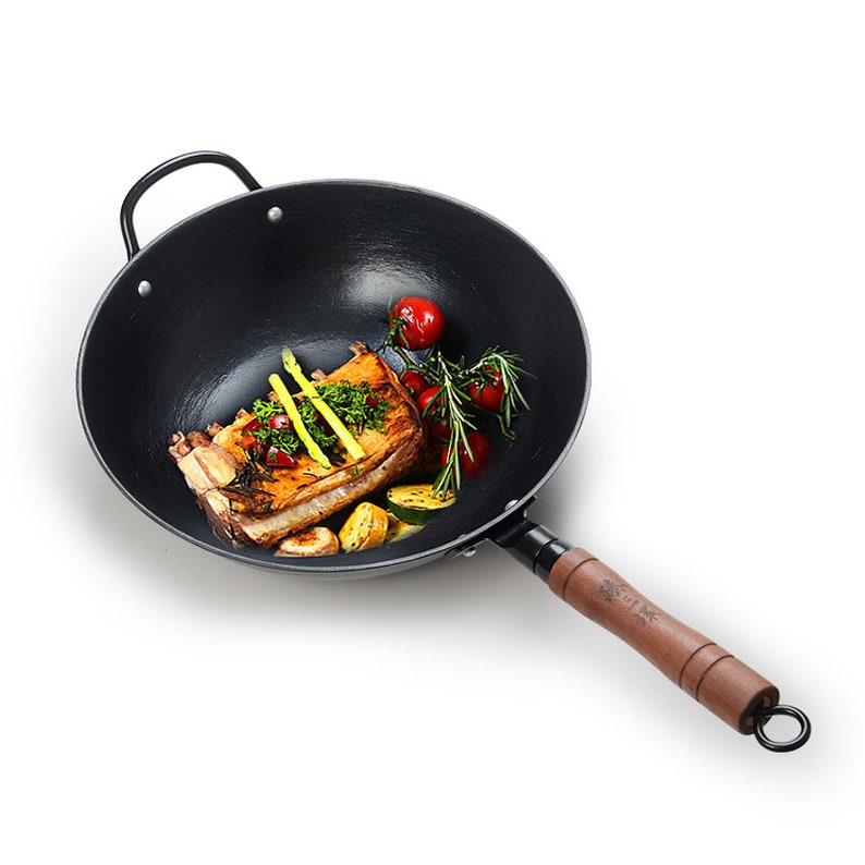 ZhangQiu ZhenSanHuan Chinese Handmade Wook Handle Flat Bottom Cast Iron Wok With Helper