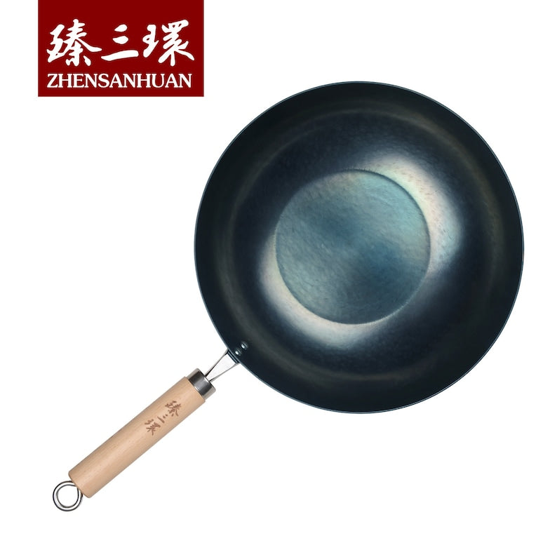 ZhangQiu ZhenSanHuan Chinese Hand Hammered Flat Bottom Iron Wok Induction Suitable Wood Handle