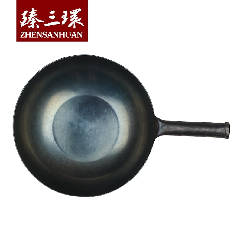 ZhangQiu ZhenSanHuan Chinese Hand Hammered Flat Bottom Iron Wok Induction Suitable Iron Handle