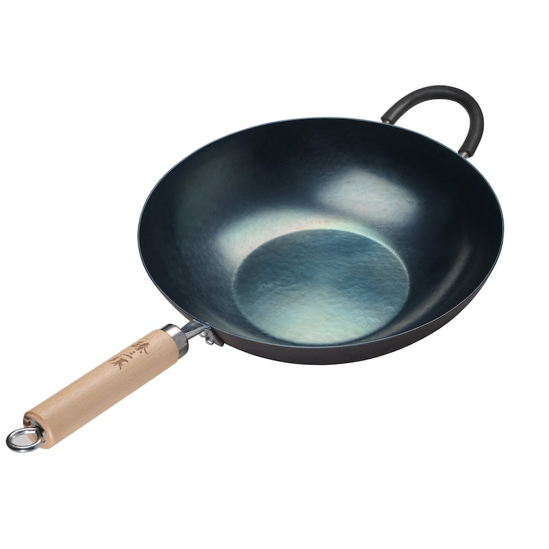 ZhangQiu ZhenSanHuan Chinese Hand Hammered Flat Bottom Iron Wok Induction Suitable Wook Handle with helper