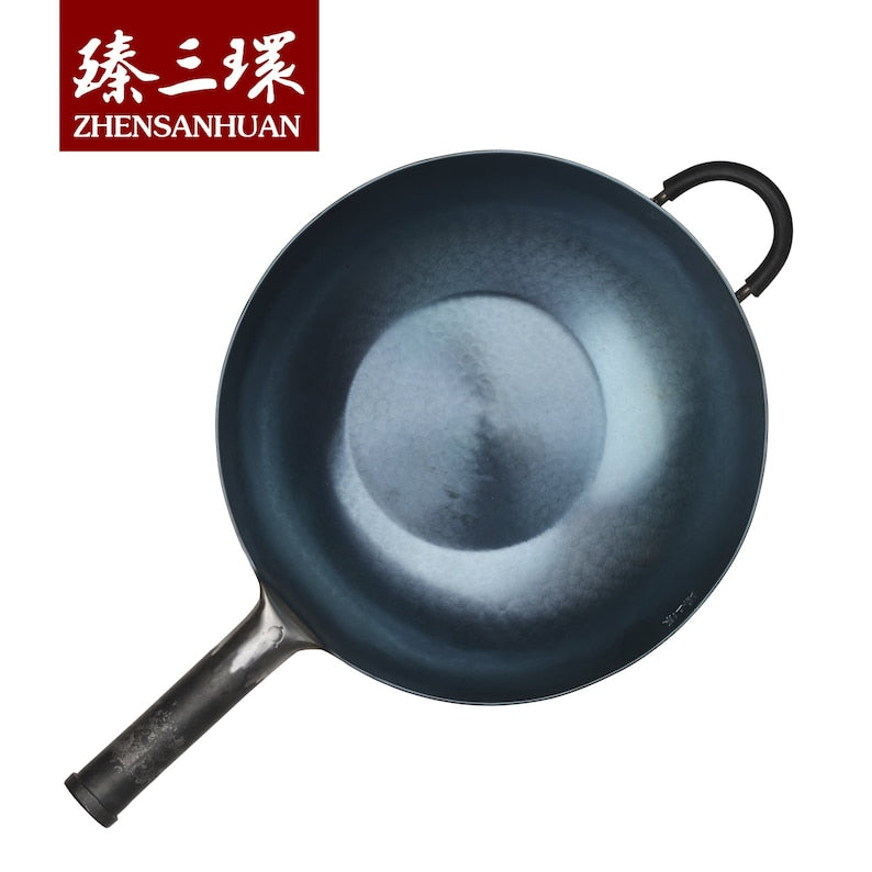 ZhangQiu ZhenSanHuan Chinese Hand Hammered flat bottom Carbon Steel Wok 