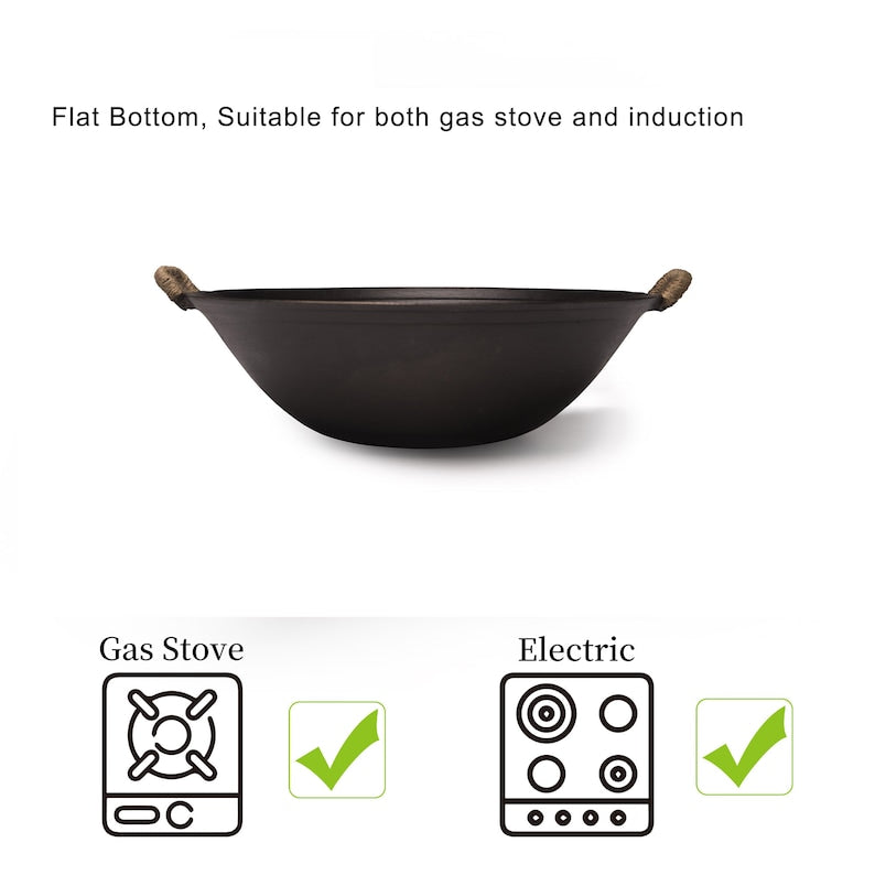 Chinese Cast Iron Wok + Spatula Set Carbon Steel Pan with Lid Flat Bottom  No Chemical Coated for All Stoves 36cm 