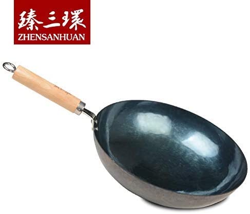 ZhangQiu ZhenSanHuan Chinese Hand Hammered wooden Handle Round Bottom Carbon Steel Wok