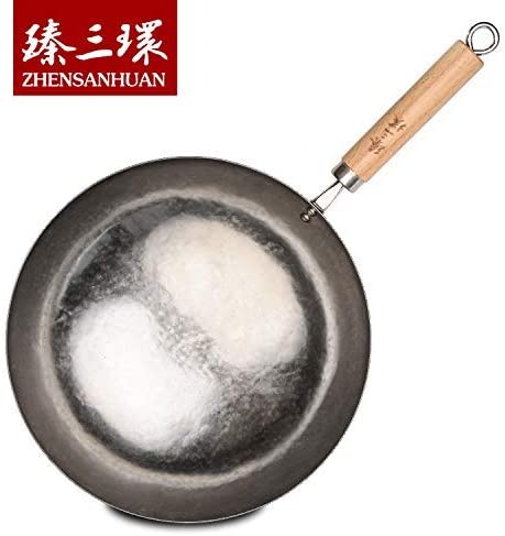 ZhangQiu ZhenSanHuan Chinese Hand Hammered wooden Handle Round Bottom Carbon Steel Wok